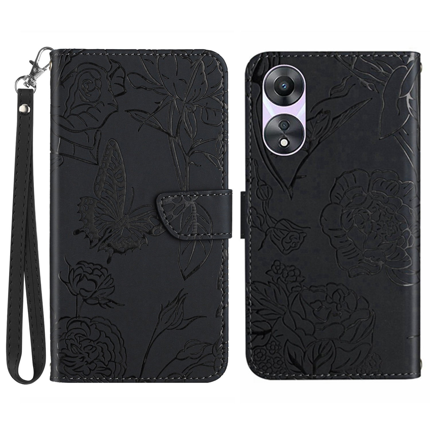 HT03 For Oppo A58 5G (China) A78 5G (Global Version) Flip Stand Case Imprinted Butterfly Flowers Skin-touch Magnetic Cover with Strap HT03 For Oppo A58 5G (China) A78 5G (Global Version) Flip Stand Case Imprinted Butterfly Flowers Skin-touch Magnetic Cover with Strap